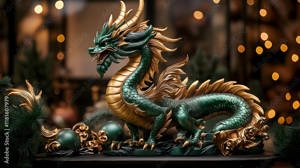 Fototapeta premium Green Dragon Sculpture Stands Majestically with Golden Accents Gracefully
