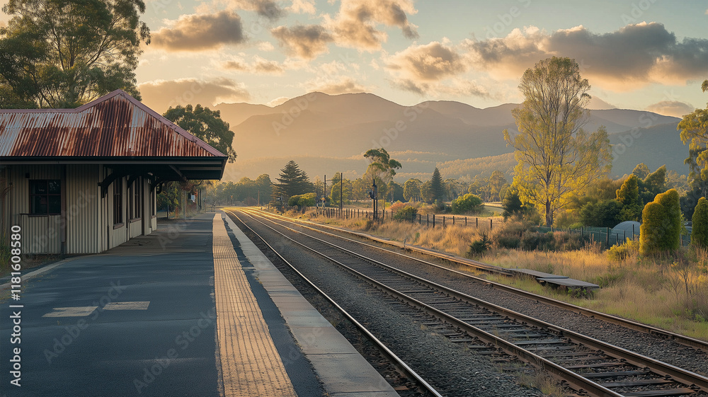 Fototapeta premium 早朝の郊外駅と錆びた屋根が映す静かな線路