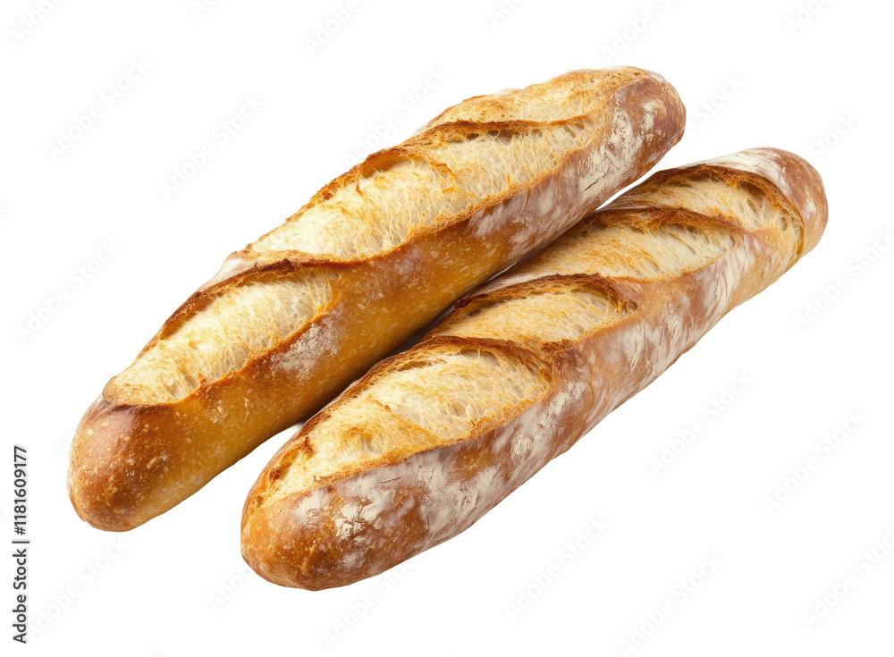 Freshly baked traditional French baguettes with crispy crust and golden texture, perfect for bakery, food photography, or culinary projects isolated on transparent background.