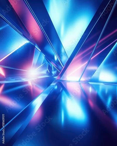 Abstract 3D Geometric Structure with Neon Lighting, Reflective Surfaces, and Modern Design.