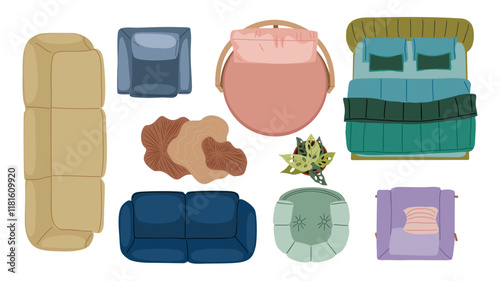 Top view of furniture for interior design plan, apartment project. Sofa, bed, house plants, armchair, tables set for home rooms and offices. Realistic vector illustration on transparent background