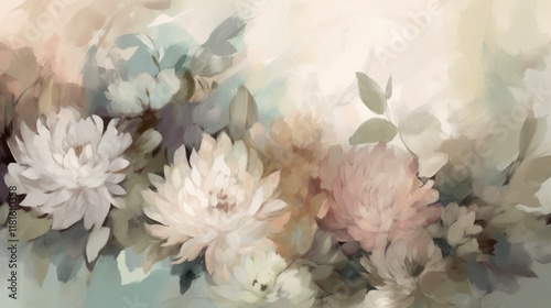 Wallpaper Mural Abstract blur of vintage flowers, with soft petals in shades of pale pink, cream and sage green. Old watercolor painting, with fine brush strokes. Torontodigital.ca