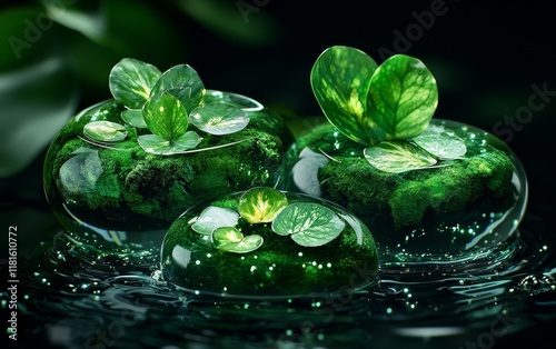 Serene Green Spa Still Life Moss Water and Lush Leaves in Glass Globes