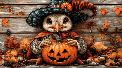 Cute Bird Holds Pumpkin: Au...