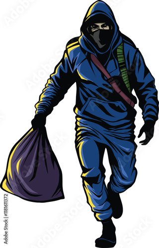 The robber, a man with a hoodie and a face covering, was carrying a bag of stolen goods.
