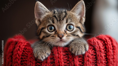 Adorable tabby kitten peeking from a cozy red blanket