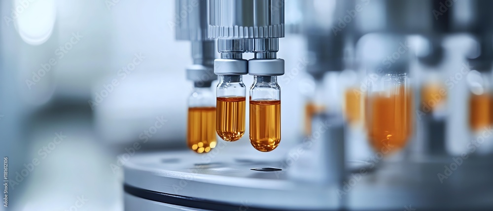 Automated pharmaceutical production line in a hightech laboratory, featuring syringes and vials moving along the assembly line with precision and efficiency Automated pharmaceutical production line in a hightech laboratory, featuring syringes and vials moving along the assembly line with precision and efficiency