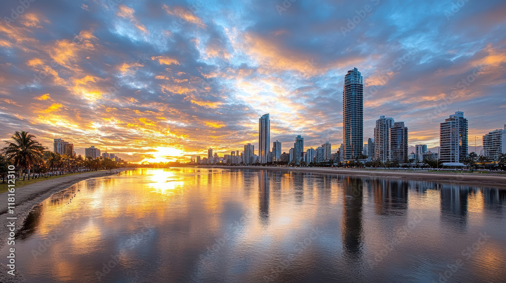 Fototapeta premium stunning city skyline at sunset, reflecting on calm water