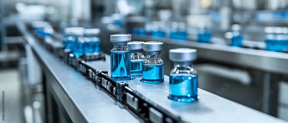 Automated pharmaceutical production line in a hightech laboratory, featuring syringes and vials moving along the assembly line with precision and efficiency Automated pharmaceutical production line in a hightech laboratory, featuring syringes and vials moving along the assembly line with precision and efficiency
