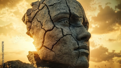 Cracked Stone Head Against a Sunset Sky: A Blend of Nature and Art