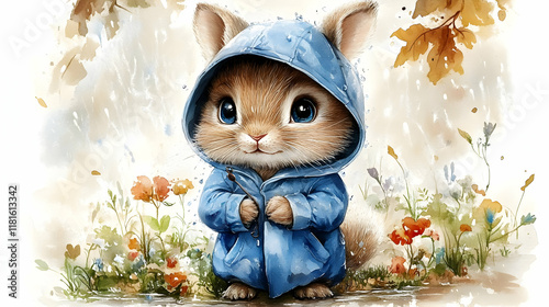 Cute Bunny Wears Blue Rainc...
