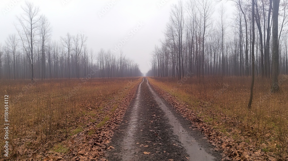 Autumnal Forest Road Misty, Leaf-Strewn Path Autumnal Forest Road Misty, Leaf-Strewn Path