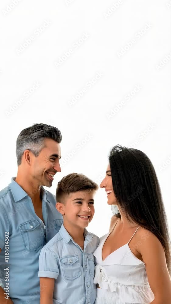 Hispanic family portrait of three with couple with 12 year old son. White background with copy space Hispanic family portrait of three with couple with 12 year old son. White background with copy space