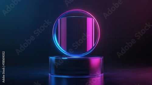 Abstract Neon Futuristic Stage with Circular Illuminated Glass Object.