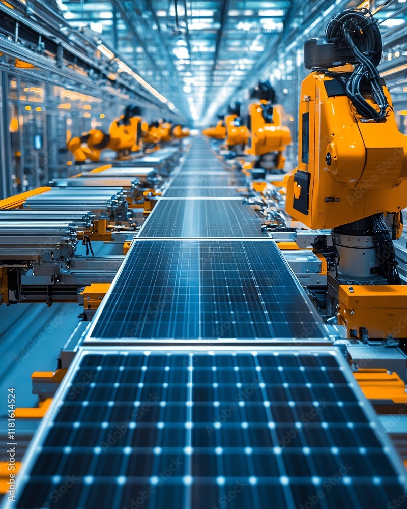 Futuristic robotic assembly line in a cuttingedge solar panel manufacturing facility, with advanced automation technology ensuring high efficiency and precision Futuristic robotic assembly line in a cuttingedge solar panel manufacturing facility, with advanced automation technology ensuring high efficiency and precision