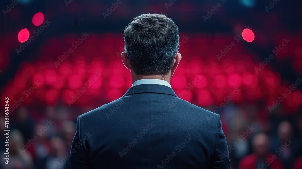 Strategic planning drives execution and leadership. Speaker addressing an audience with red-lit background.