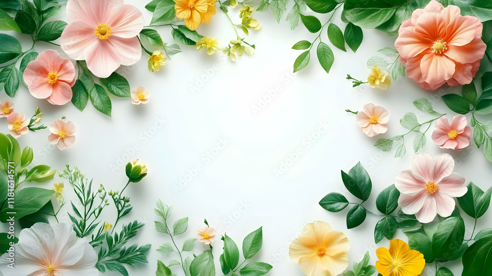 Fototapeta premium Flowers and Leaves Frame a White Background Beautifully and Elegantly