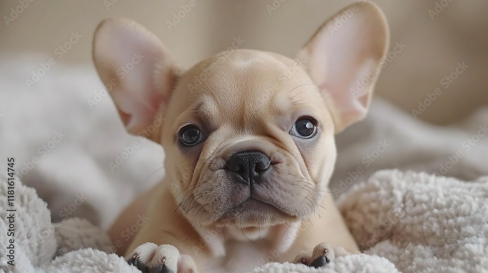 French Bulldog puppy lying on a soft blanket with its oversized ears and wrinkled face in focus evoking cuteness and charm French Bulldog puppy lying on a soft blanket with its oversized ears and wrinkled face in focus evoking cuteness and charm