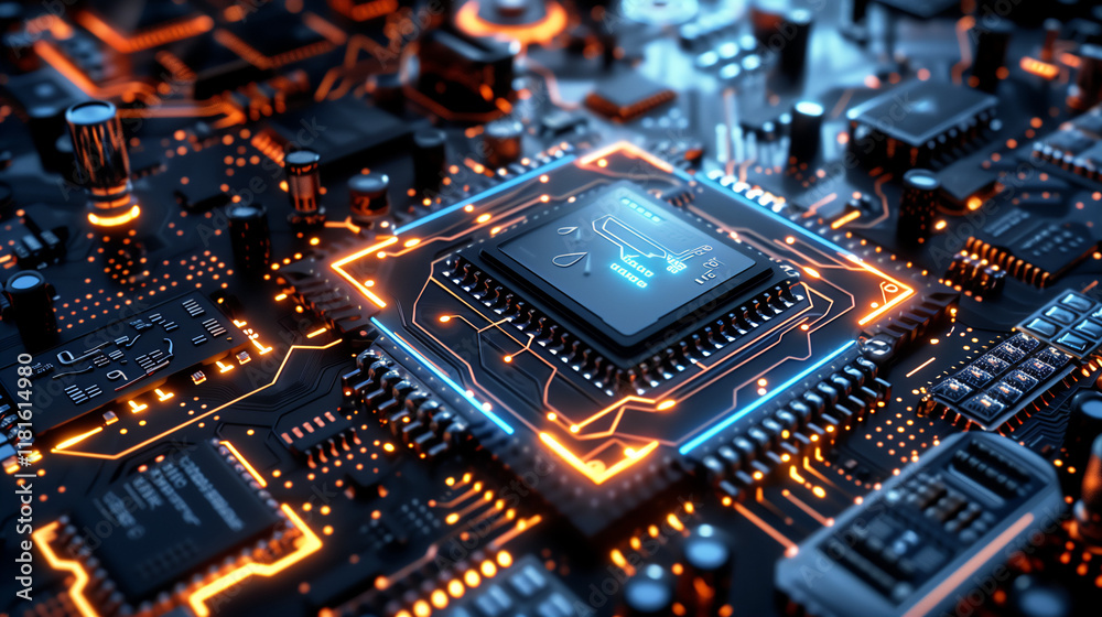 Futuristic Electronic Circuit Board with Glowing Microchip in High-Tech Style - Ideal for Technology and Innovation Themes Futuristic Electronic Circuit Board with Glowing Microchip in High-Tech Style - Ideal for Technology and Innovation Themes