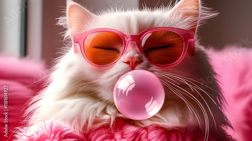 White Cat Blows Bubble Gum Wearing Pink Sunglasses and Fluffy Sweater