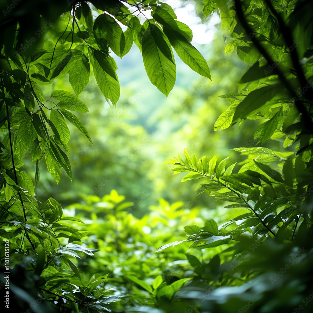 Lush green foliage in a serene forest setting. Lush green foliage in a serene forest setting.