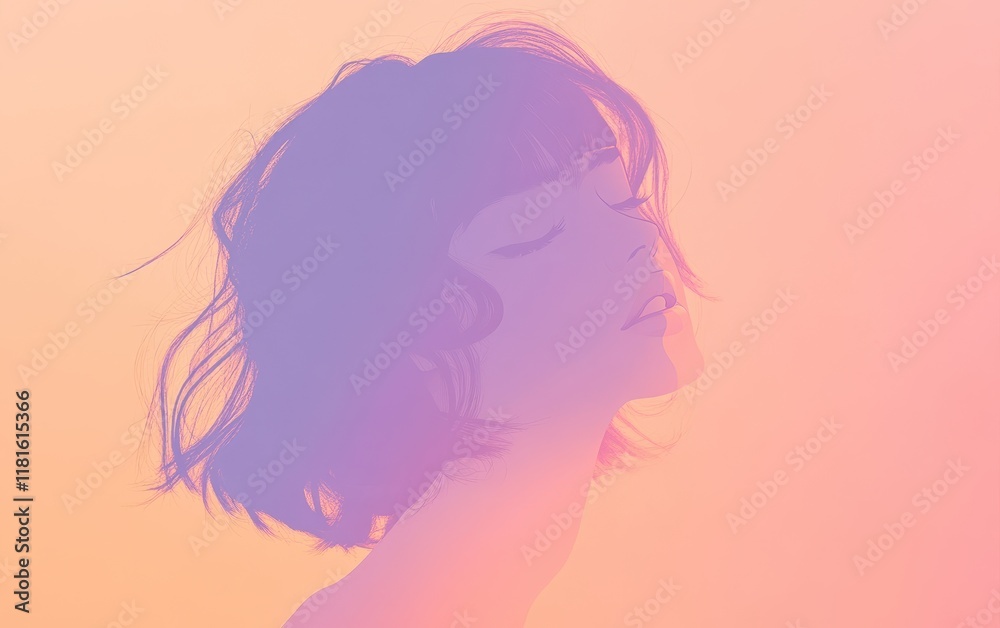 Serene Female Silhouette with Soft Gradient Background in Peach and Purple Tones. Serene Female Silhouette with Soft Gradient Background in Peach and Purple Tones.