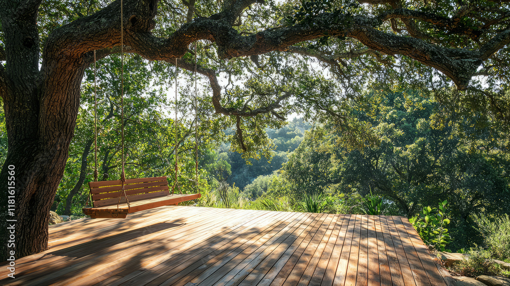 Wooden Deck with Swing Under Lush Oak Tree in Serene Forest Wooden Deck with Swing Under Lush Oak Tree in Serene Forest