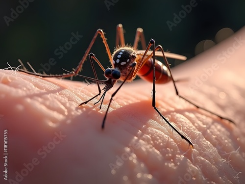 Photo of Dengue fever, a mosquito bites white boy's arm photo