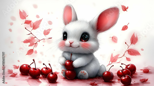 Cute Bunny Holds Cherries A...