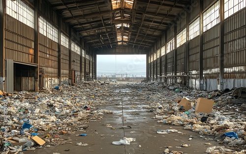 Large, abandoned industrial warehouse filled with plastic waste and debris, conveying the stark reality of industrial pollution and environmental disregard