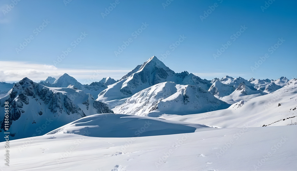Panoramic view of snow-capped mountains and blue sky Panoramic view of snow-capped mountains and blue sky