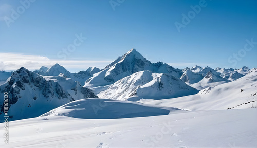 Panoramic view of snow-capped mountains and blue sky