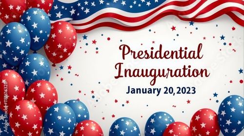 Presidential inauguration event with patriotic star balloons and flags