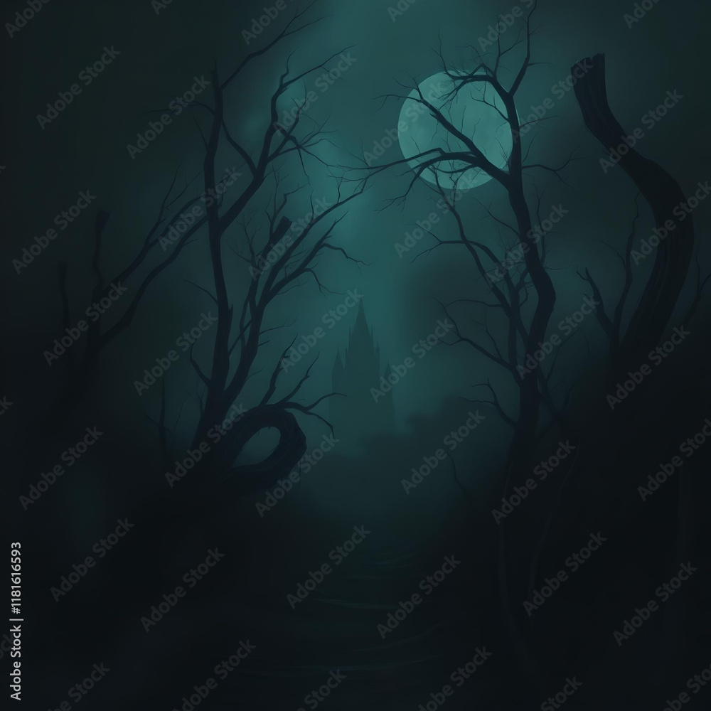 Obraz premium The moon casts an eerie glow on a path leading to a dark castle through a spooky forest.