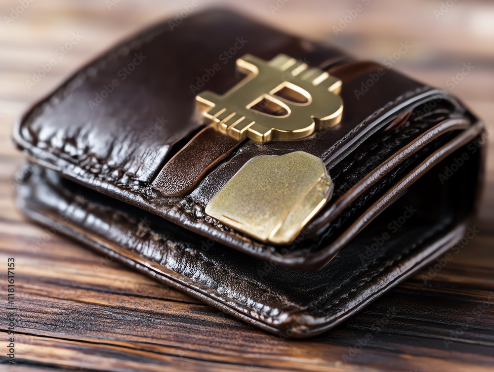 Luxury wallet with Bitcoin symbol detail. Luxury wallet with Bitcoin symbol detail.