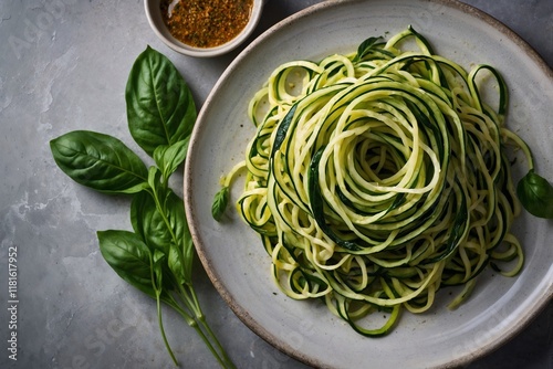 Healthy Zucchini Noodles with Fresh Basil and Flavorful Sauce on Ceramic Plate photo