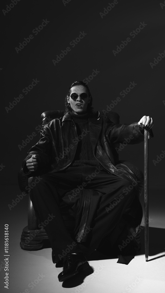 Vampire sits in large chair wearing round glasses, long leather coat, and holding cane, creating terrifying and mysterious presence. Concept of historical and modernity, fashion and style, Halloween. Vampire sits in large chair wearing round glasses, long leather coat, and holding cane, creating terrifying and mysterious presence. Concept of historical and modernity, fashion and style, Halloween.