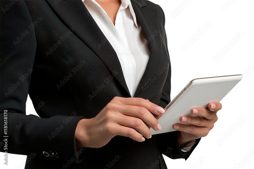 Business professional using a tablet while dressed in formal attire for a work-related task Business professional using a tablet while dressed in formal attire for a work-related task