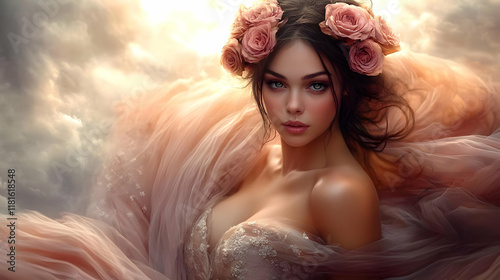 Woman with Rose Crown Poses...