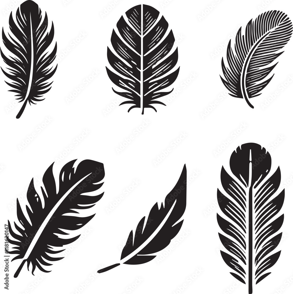 Obraz premium feather vector silhouette icon set. shield icons, feather logo style vector