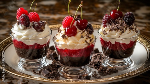 Three chocolate and berry desserts in glass cups, each topped with fresh raspberries and cherries