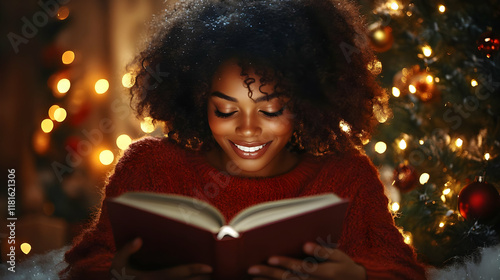 Woman Reads Book by Christm...
