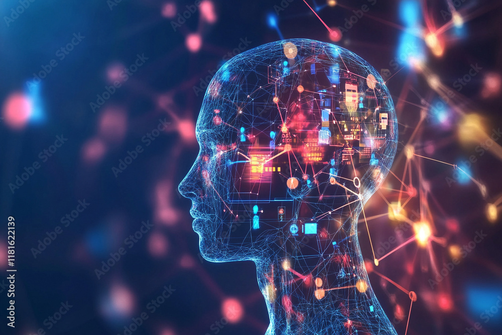 Human head with glowing brain interface. Artificial intelligence concept. 3D Rendering Human head with glowing brain interface. Artificial intelligence concept. 3D Rendering