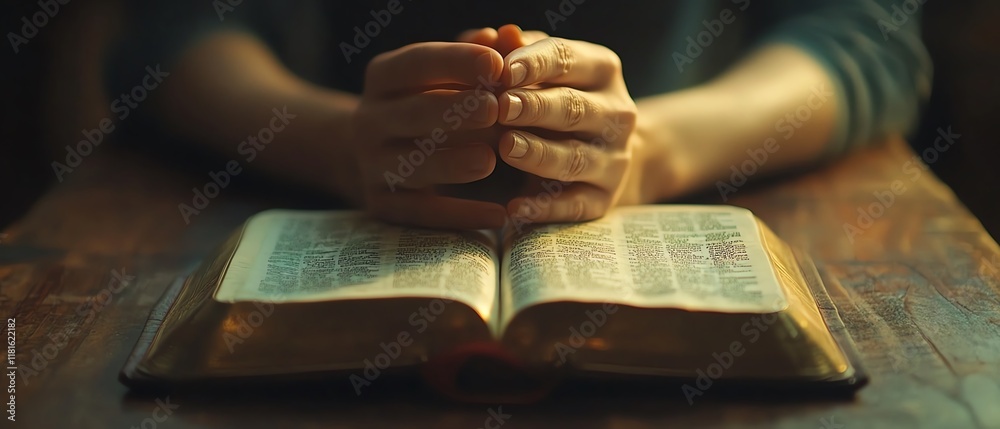 Christian group of people praying together in worship, holding hands in faith, Bible on wooden table, prayer meeting concept, church community gathering for devotion