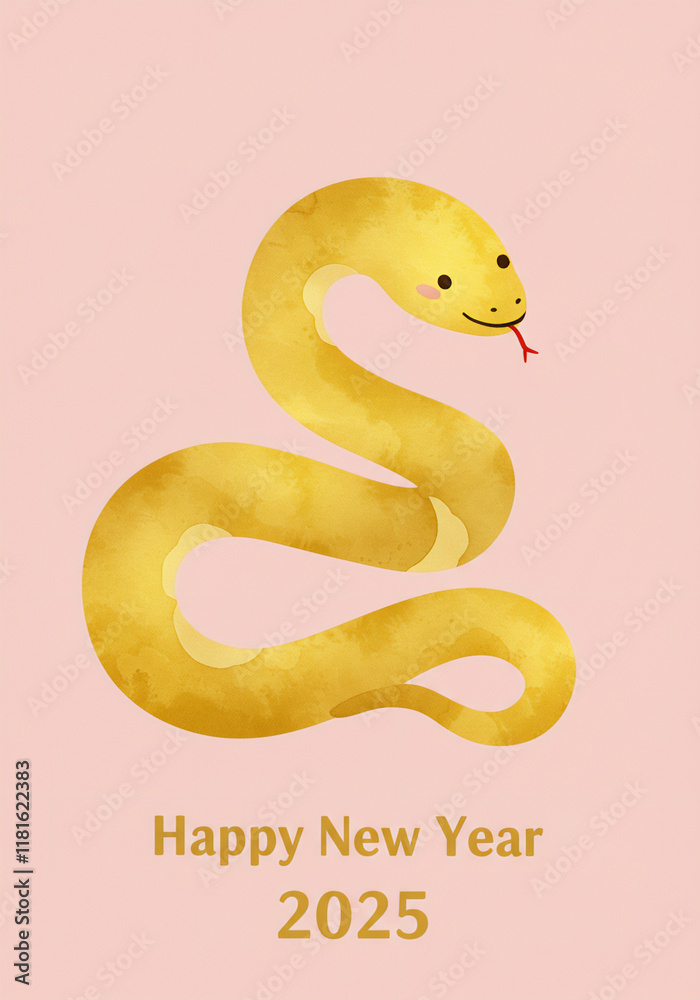 Fototapeta premium ヘビの水彩イラスト、新年の挨拶、巳年、バナー、年賀状 2025