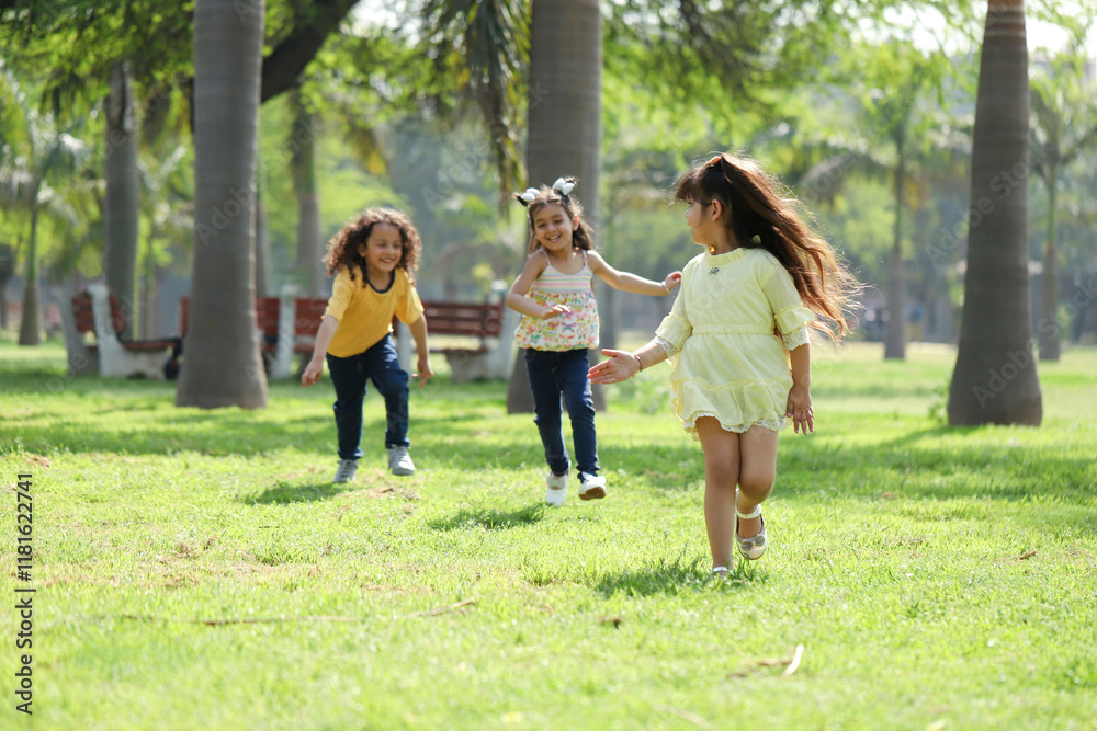 Kids Running And Laughing In Park Kids Running And Laughing In Park