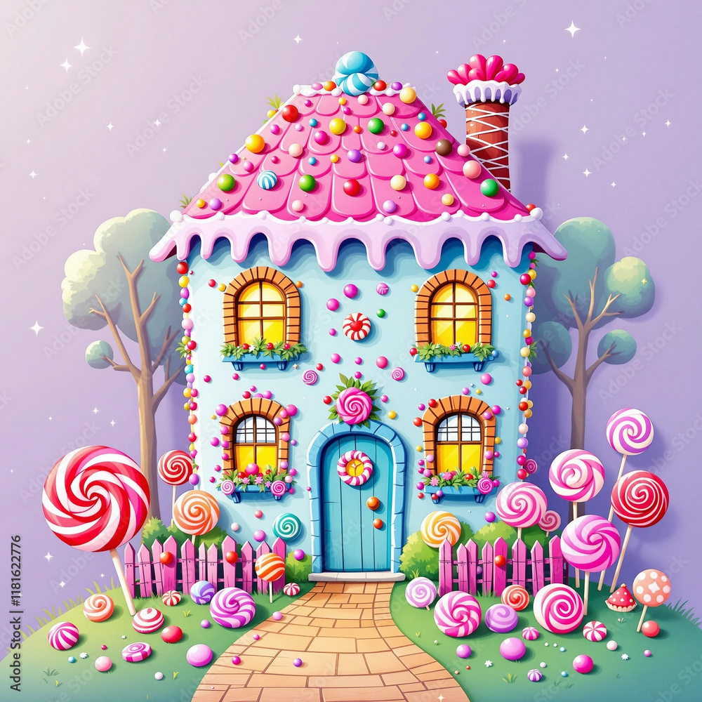 Fototapeta premium colorful house illustration decorated with candy and lollipops