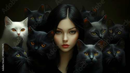 Black Cats Surround Girl, a...