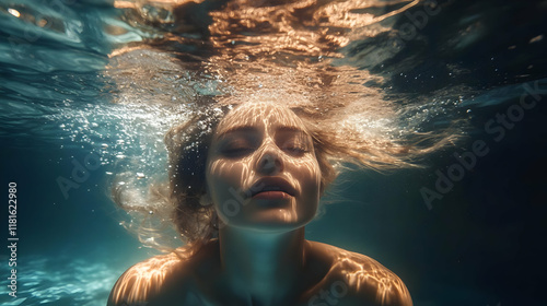 Woman Submerged Underwater ...