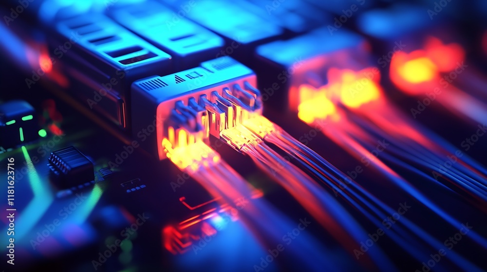 Obraz premium Glowing Network Data Processing Cables with LED Connections : Generative AI